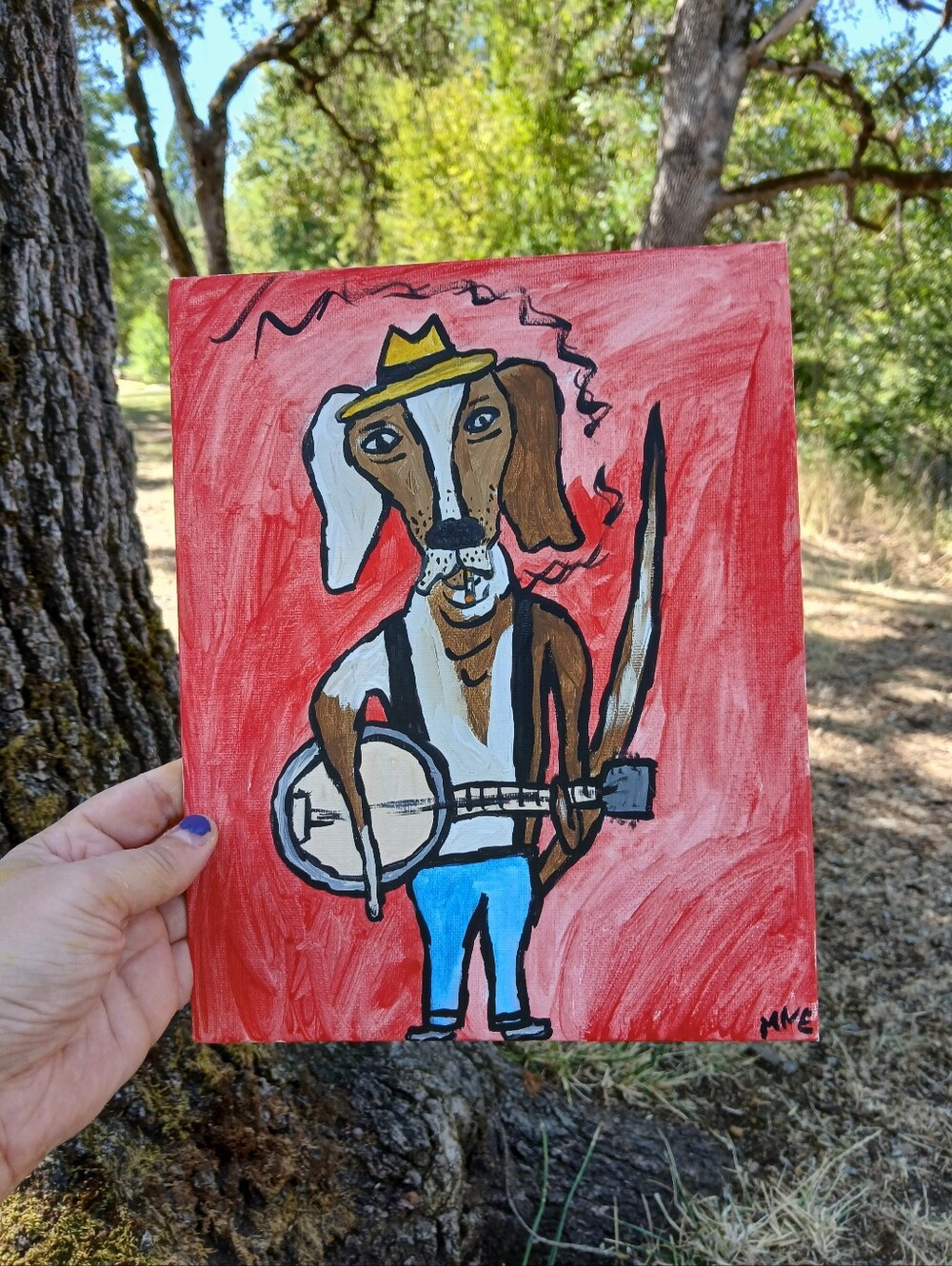 Dog Plays Banjo Painting Folk Art